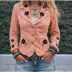 Atmosphere Embroidered Corduroy Blazer Pink USA Made Jacket Boho Fairy Vintage S